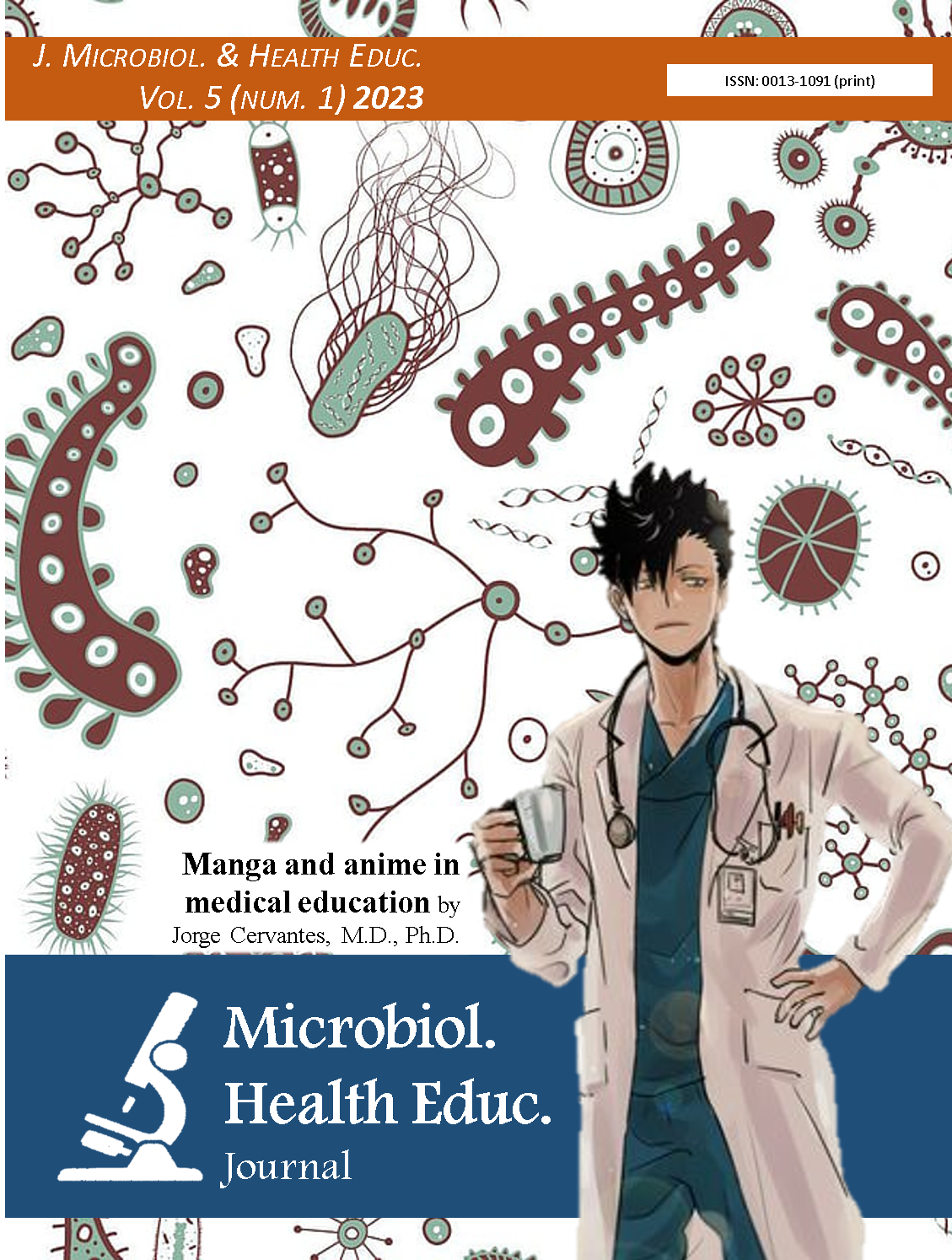 Cover of the Journal of Microbiology and health education magazine volume 5 number 1 of the year 2023, on the cover an image of a doctor illustrated in "manga" or cartoon design, alluding to the article by doctor Jorge Cervantes entitled Manga and anime in medical education